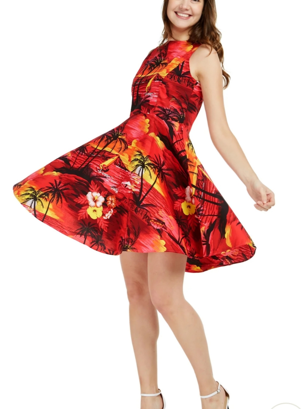 Red Tropical 80's Vintage Fit-and-Flare Dress with Floral Print 100% Cotton